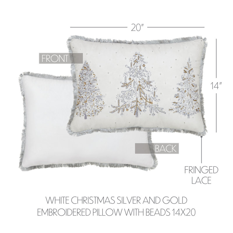 Coussin brodé cerf et pin 18, Blanc / argent / or