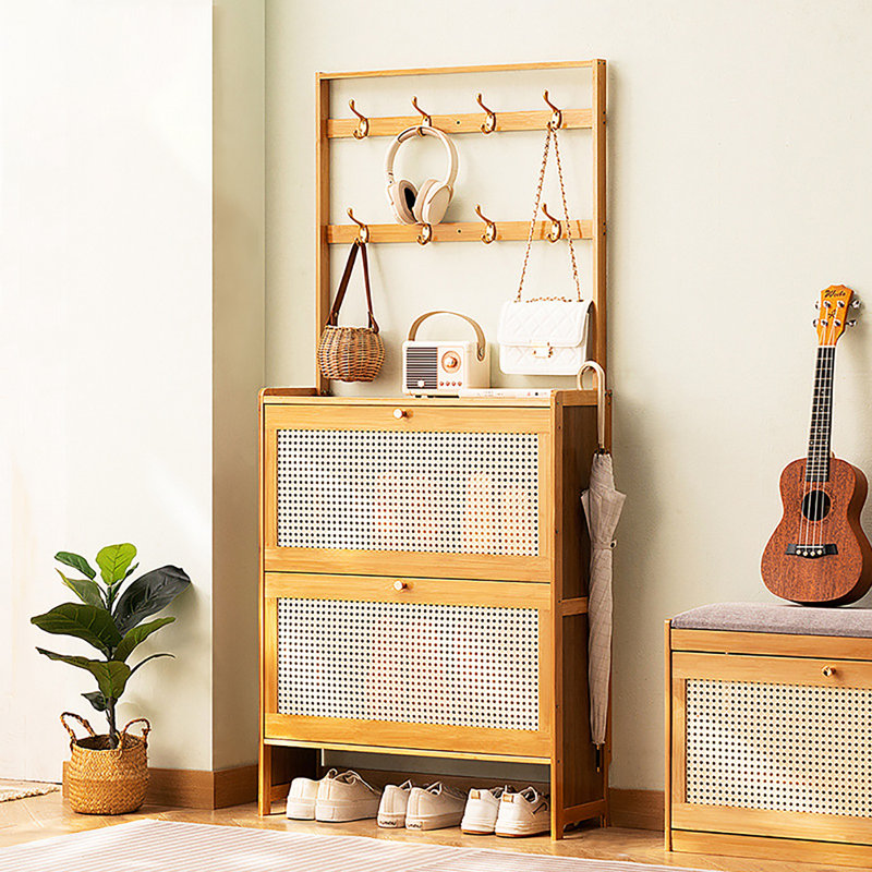 12 Pair Shoe Storage Cabinet, Light Yellow Wood