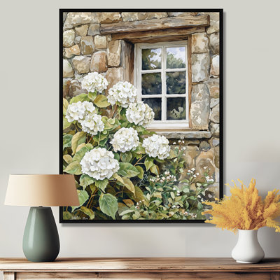 Hortensias dans un jardin de pierre II - hydrangées grand art mural