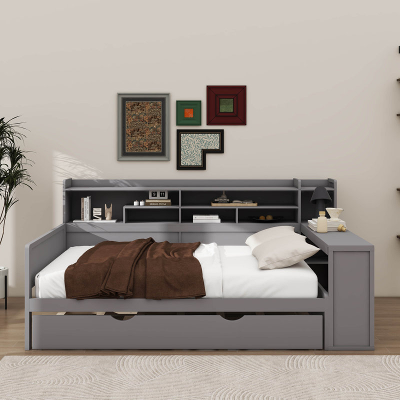 Wooden Daybed with Integrated Storage Shelves, Including a Pull-out Trundle Bed, Full