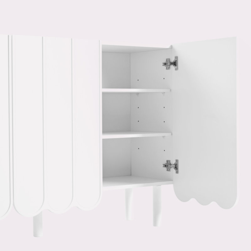 Cream Style Minimalist Shoe Cabinet With 5 Solid Wood Legs, Sideboard Buffet Cabinet With Adjustable Shelves, Large Storage Cabinet With Wave Doors For Living Room, White