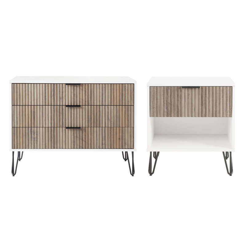 Ensemble de chambre à coucher moderne avec commode et table de chevet 2 pièces Dumbo, Blanc / gris