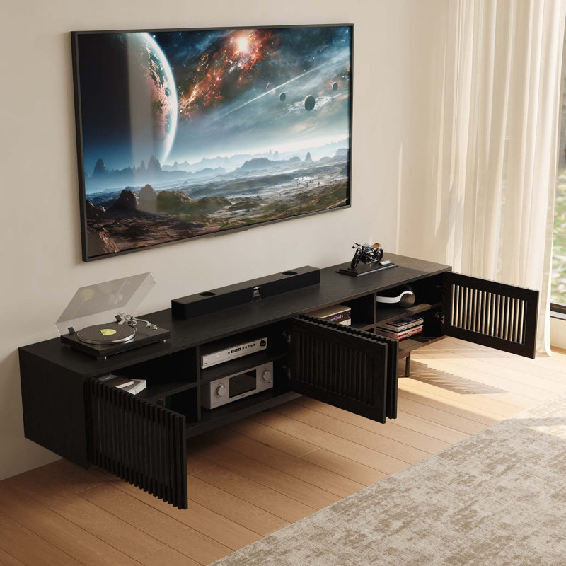 Meuble télé Aeolus Mid-Century moderne, pré-assemblé, H 21,26 po x L 94,48 po x l 18,89 po, Noir