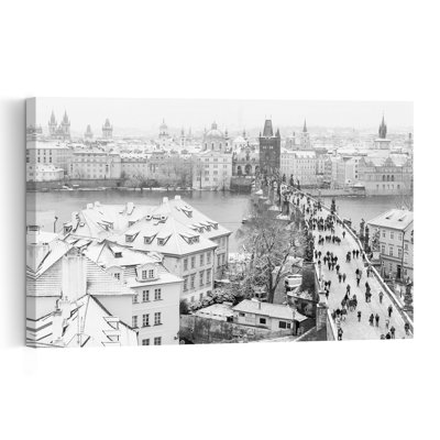 Snowy Prague Charles Bridge Abstract Contemporary Architecture City Wall Art Print 1 Piece Wrapped Canvas Wall Art