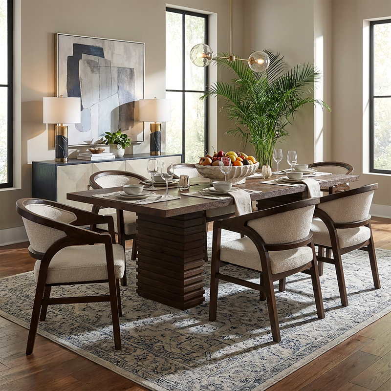 Prescott  Mid-Century Modern Rubberwood Upholstered 7-Piece Dining Set With 95-Inch Double Pedestal Table