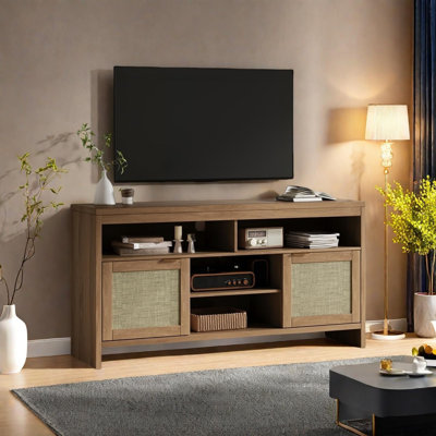 58" Boho TV Stand with Rattan Doors - Modern Media Console with Adjustable Shelves for Living Room