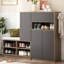 Banc de rangement à chaussures Alex, gris, tablettes réglables, pour couloir avec porte rebondie