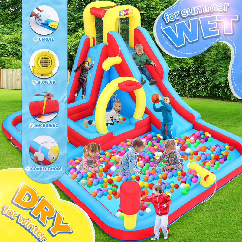 Parc aquatique gonflable Mega de 13 pi x 10 pi avec souffleur turbo de 52 W Adam - Combo de maison de rebond géante pour l'extérieur de 6,8 pi, glissoire de qualité commerciale et panier de basketball, parc aquatique de 350 lb pour 5 enfants