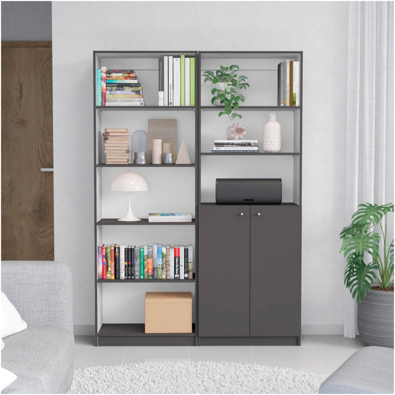 Ensemble de bibliothèque 2 pièces Layton, 49 po de largeur avec 8 tablettes et armoire double porte, ensemble de salon Gris mat - blanc