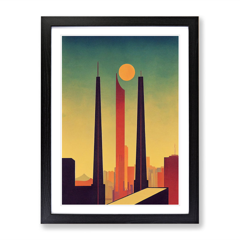 City Skyline Retro No.1 - Single Picture Frame Print, 64cm H x 46cm W x 2cm D, Black