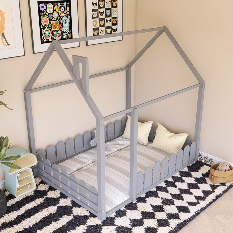 Wood Bed House Bed Frame With Fence, Gray , Full