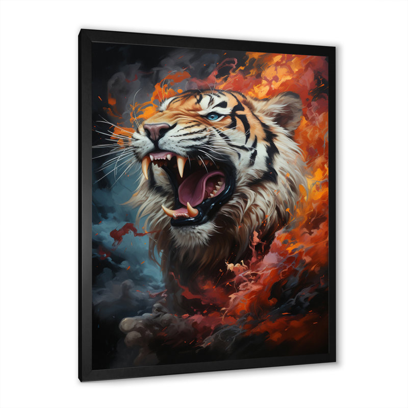 Beige, orange, tigre sauvage, portrait - impression, Cadre d'angle fermé noir, H 20 po x l 12 po x P 1 po