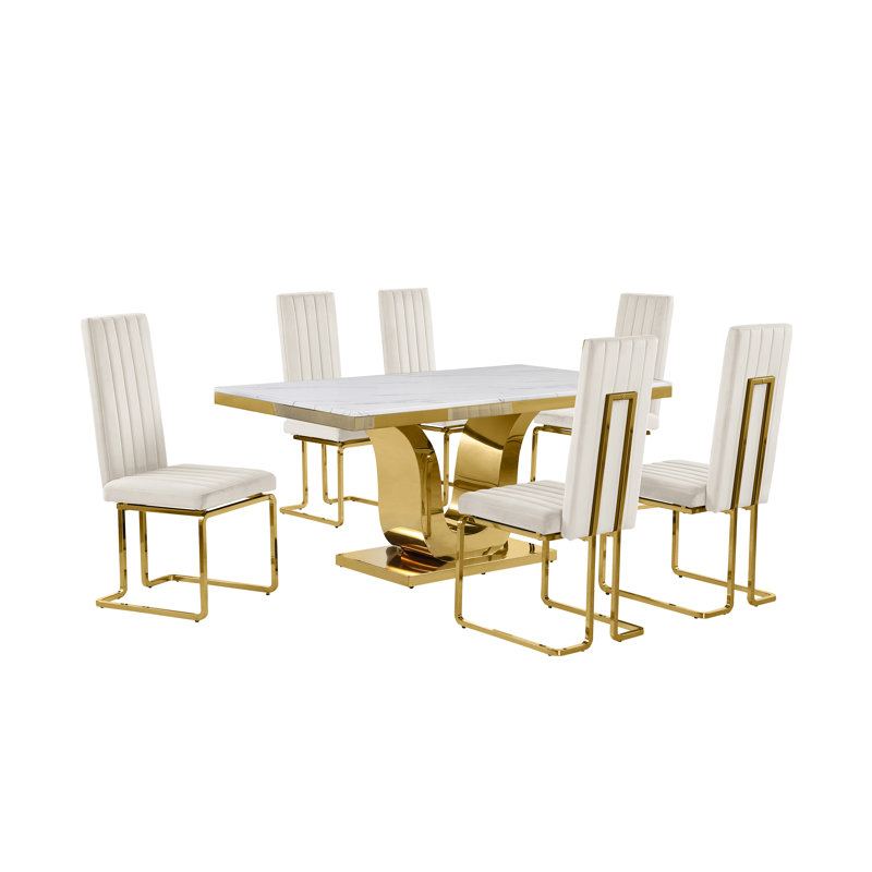 Ensemble de salle à manger rectangulaire en marbre blanc L 66 po x l 38 po Zekiah, Crème, 7