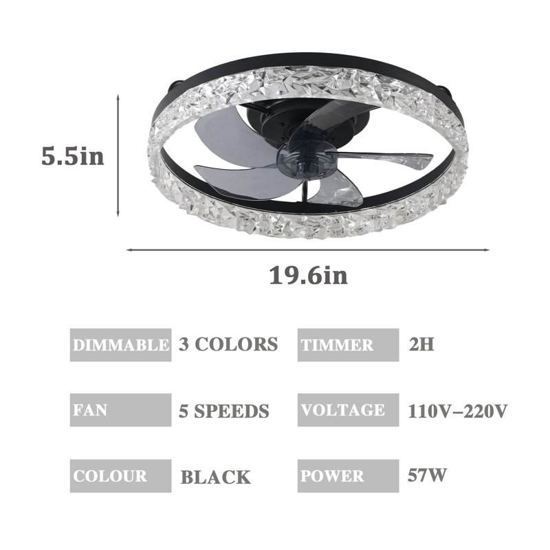19-Inch Black Iceberg Frame 7-Blade DC Motor Ceiling Fan Light with Remote & App Control, Dimmable LED