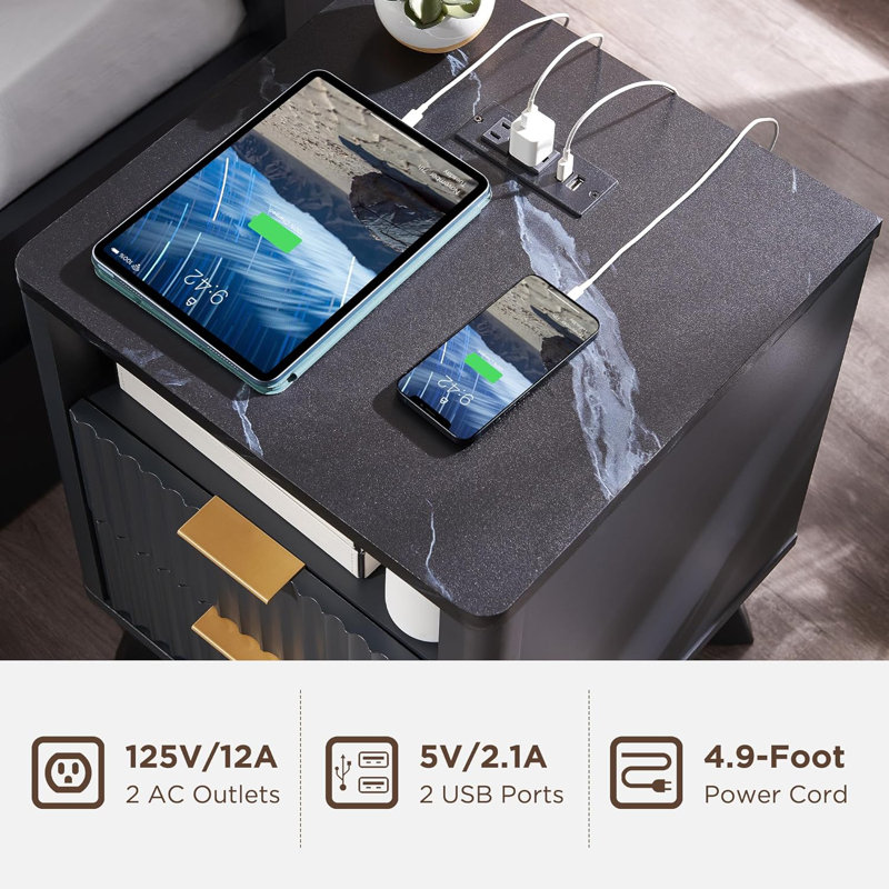 Hardester Vintage 2 - Drawer Nightstand with Charging Station, Bedside Table with Open Shelf, Dark Grey