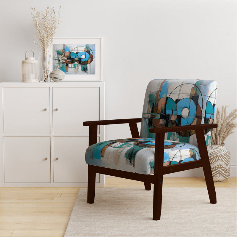 Mid-Century Accent Chair, Colorful Abstract Upholstered Armchair - Colorful Mid Century Abstract Fusion I, Brown Square Arms