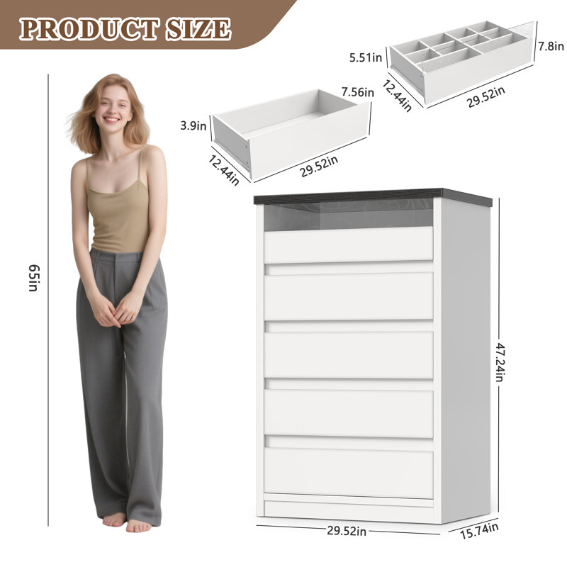 White Larger 5-Drawer Dresser With LED Light & Hidden Handles – For Bedroom, Living Room, Entryway, Hallway