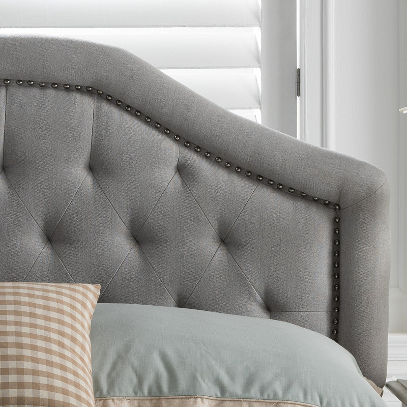 Full Sized Grey Fabric Headboard Featuring Studded Seam, Button Pattern, Nailhead Decoration And Iron Legs For Bedroom Decor Queen In Fabric, Diamond Stitch, Accents