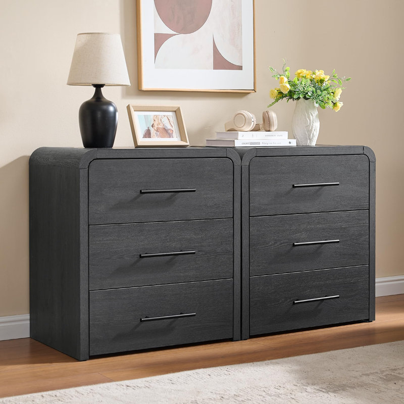 Ovellette 23.5" Curved 3-Drawer Nightstand Set of 2, Gray