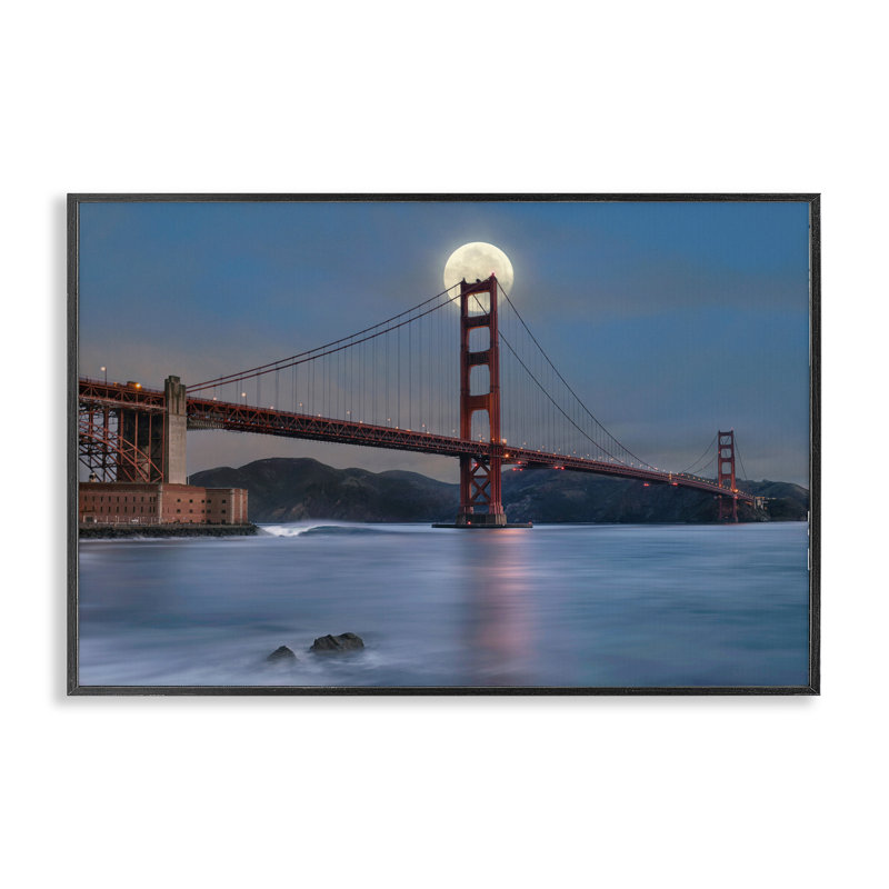 «Moonlit Bridge Landmark Giclee Art» par Lee Sie, H 12 po x l 18 po, Giclée encadrée noir minuit