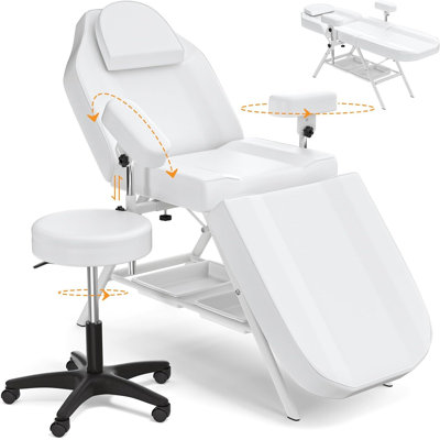 Lit à tatouer réglable à 3 sections avec boîtes de rangement, appui-tête à trou frontal et accoudoirs à 360 °, table de massage spa robuste pour esthéticiennes, salons, soins du visage, cils et épilations