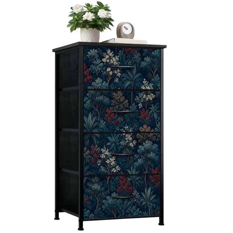 Commode de rangement verticale 4 tiroirs avec fleurs tropicales et plateau en bois