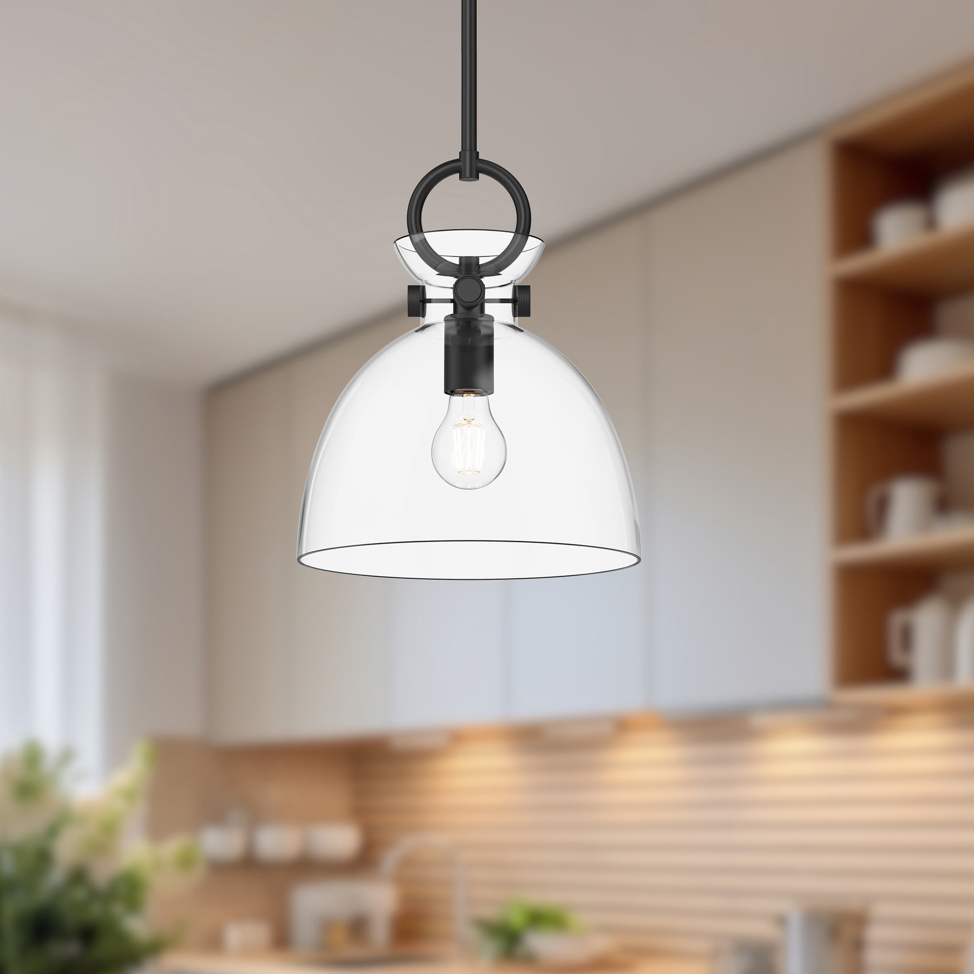 Tinka Single Light Glass Steel Pendant, Clear, Matte Black, 12.75" H x 10.5" W x 10.5" D