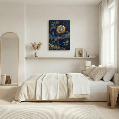 Art mural de planètes dorées et d'étoiles étoilées sur toile bleu marine foncé