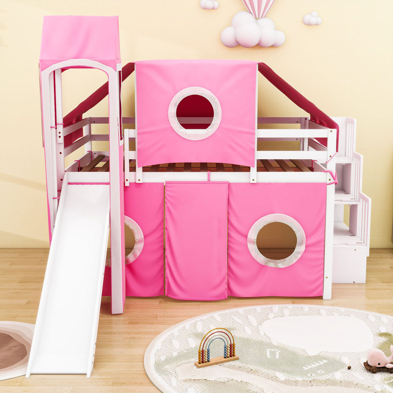 Wood Loft Bed with Tent, Tower and Storage Staircase, Full, Pink