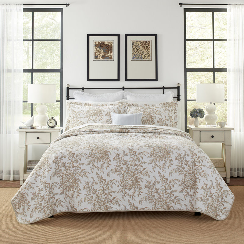 Mocha Brown Floral Cotton Twin Reversible Quilt Set