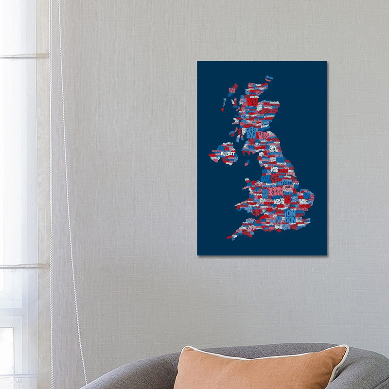Great Britain UK City Text Map (Blue) by Michael Tompsett - Wrapped Canvas Print