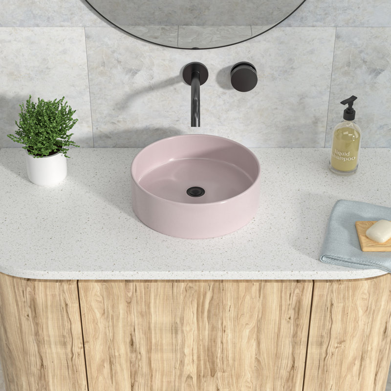 16" Round Ceramic Vessel Bathroom Sink, Modern Above-Counter Vanity Basin, No Faucet Hole, for Contemporary Bathrooms, Pink