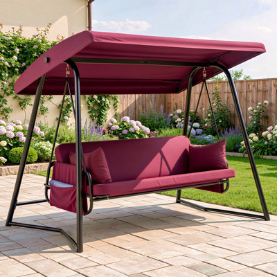 Balancelle de jardin 4 places avec coussins épais, sièges ajustables et patins antidérapants, chaise suspendue avec crochets à ressort pour jardin (rouge)