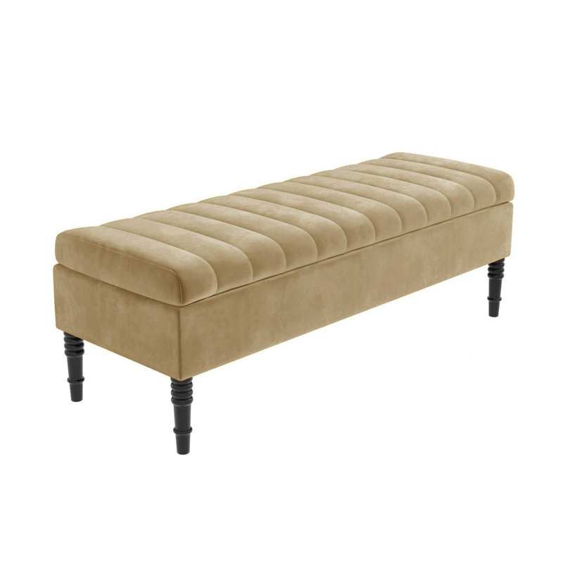 Safar Striped Ottoman Storage Bench – Upholstery Plush Velvet Shoe Bench with Black Turned Wooden Legs, Mink