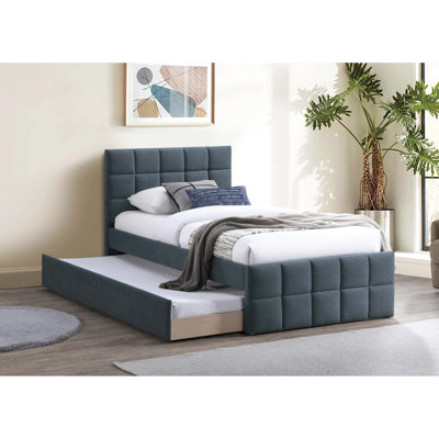 Lit gigogne double pour chambre à coucher, tête de lit tapissier contemporaine en lin gris anthracite et lit à gigogne