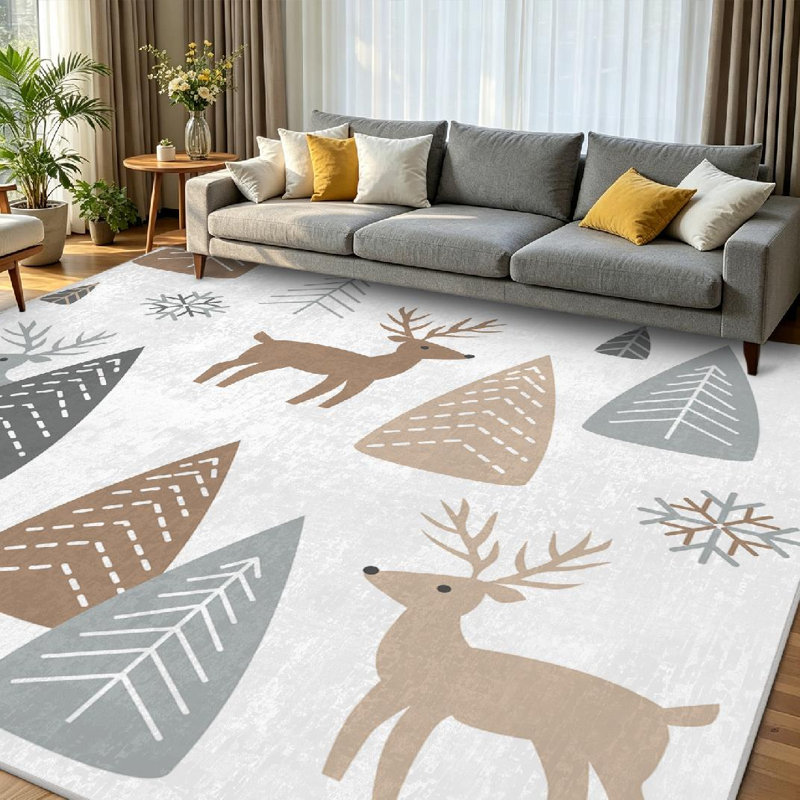 Tapis d'intérieur blanc à motif de renne lavable à la machine avec motif cerf, Rectangle 79 po x 118 po