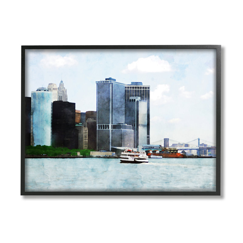 «New York Harbor Cityscape On Wood» par Jeff Pica, impression, Giclée encadrée noir minuit, H 14 po x l 11 po