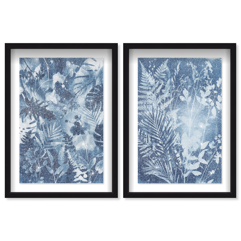 Blue Folliage Set Shadowbox Floral & Botanical Print by Oliver Gal, Black Frame, 10 x 15, 11.5"H x 16.5"W, Black Shadowbox
