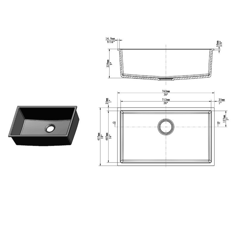 30'' L Single Bowl Quartz Kitchen Sink, Matte Black