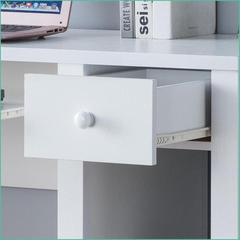 Bureau de bureau compact de 39 po avec huche, tiroir à clavier et amp; Tiroir de rangement blanc | Panneau de particules et panneau de fibres à densité moyenne