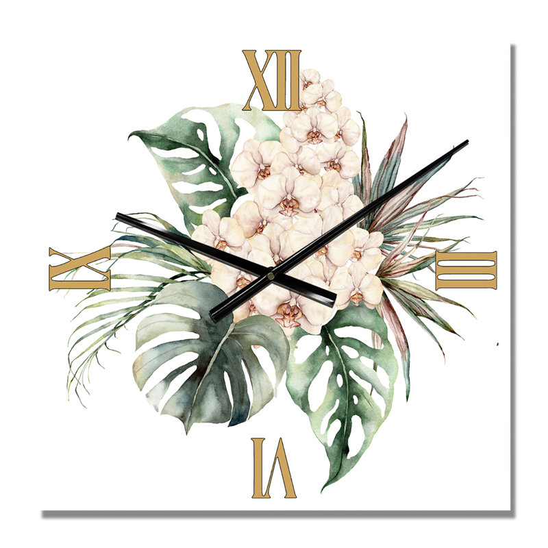 Horloge murale Bouquet avec orchidées Monstera et feuilles de noix de coco, Moyen