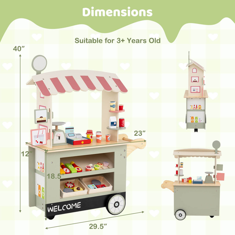 Kids Snacks & Sweets Food Cart Kids Toy Cart Play Set with 30 PCS Accessories Gray, Gray