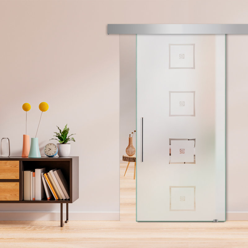 Porte de grange coulissante en verre sans cadre avec design moderne givré + ensemble de quincaillerie (semi-privée)