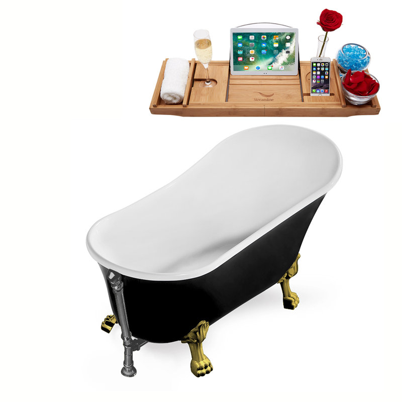 67" Streamline Clawfoot Soaking Acrylic Bathtub With Drain, Clawfeet, and Bamboo Tray, Brushed Gold, Brushed Gun Metal