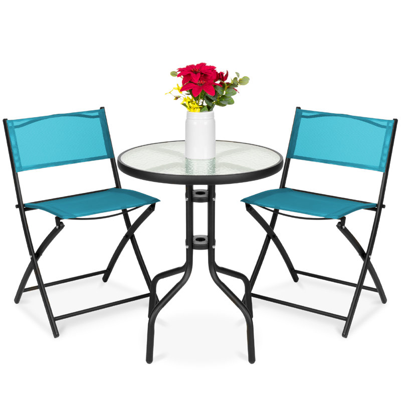  3-Piece Patio Bistro Dining Furniture Set W/ Glass Tabletop, Folding Chairs, Peacock