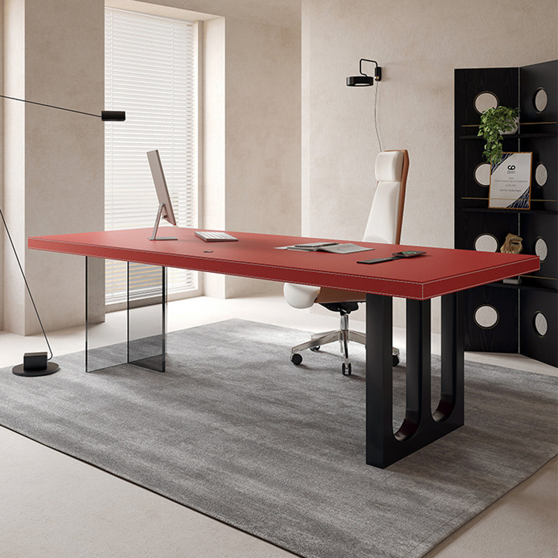 Red + Black Rectangular Solid Wood + Carbon Steel + Acrylic with 1 drawers desk, 29.53" H x 94.49" W x 31.5" D