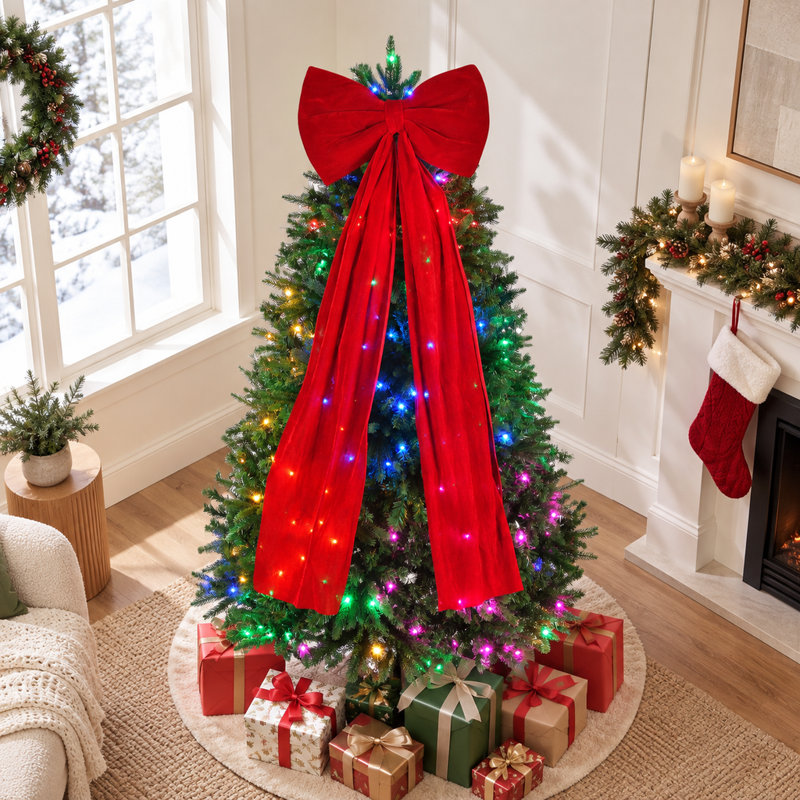 Sapin de Noël artificiel Aspen de 1,80 m préilluminé avec 300 lumières DEL RGBW, contrôle par application et grand nœud