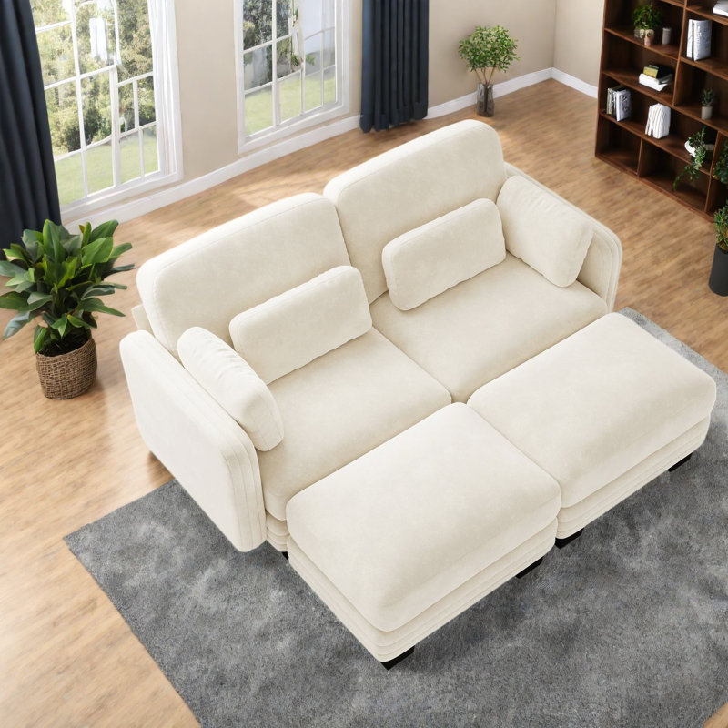 Canapé d'angle à compression, canapé modulaire en chenille beige, intérieur moderne avec 2 poufs