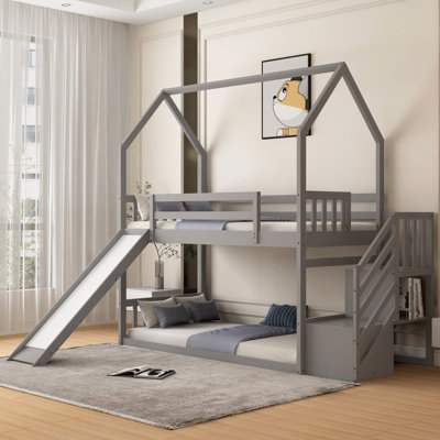 Twin Over Twin Bunk Bed House Design With Stairway And Slide