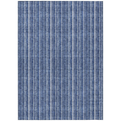5' X 8' Denim Blue And Ivory Striped Washable Indoor Outdoor Area Rug